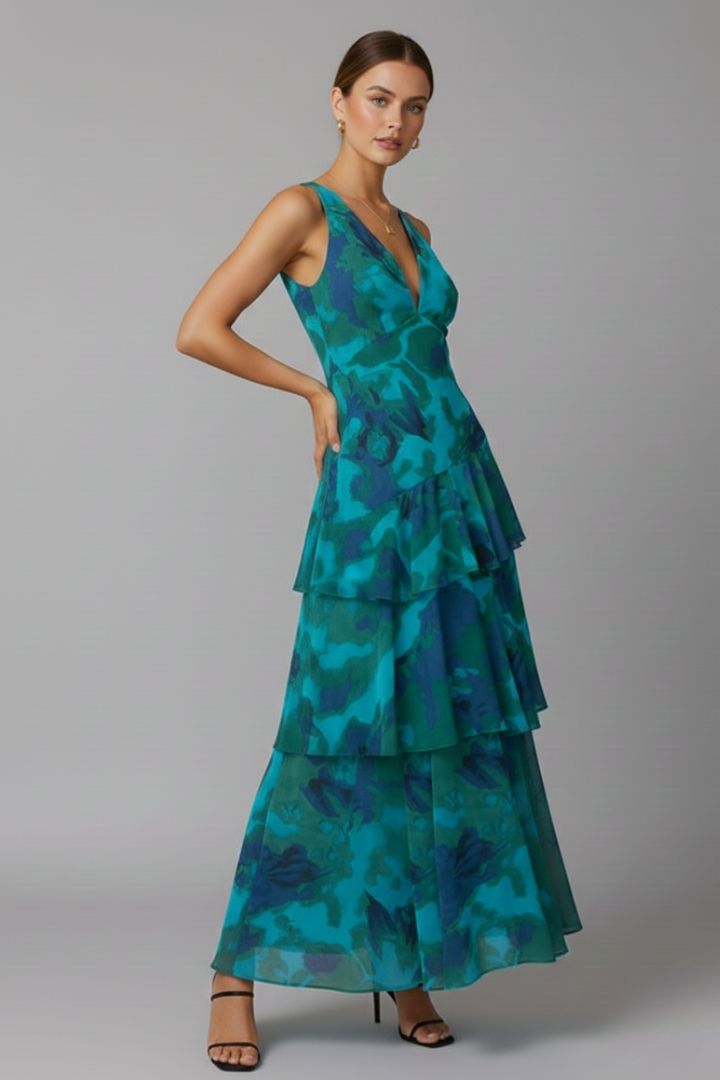 Women's Maxi Dress with Tiered Skirt and V‑Neck