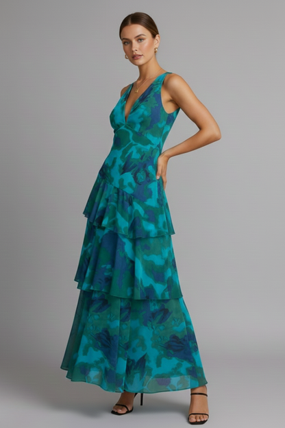 Women's Maxi Dress with Tiered Skirt and V‑Neck