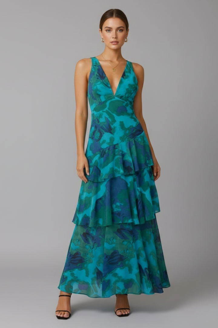 Women's Maxi Dress with Tiered Skirt and V‑Neck