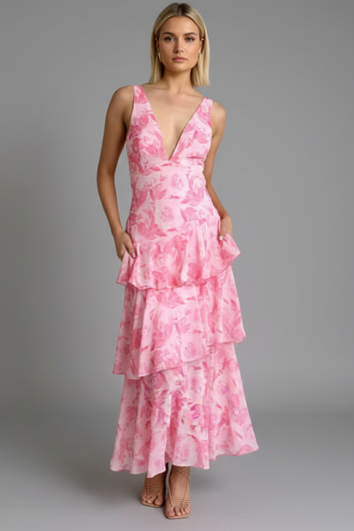 Women's Maxi Dress with Tiered Skirt and V‑Neck