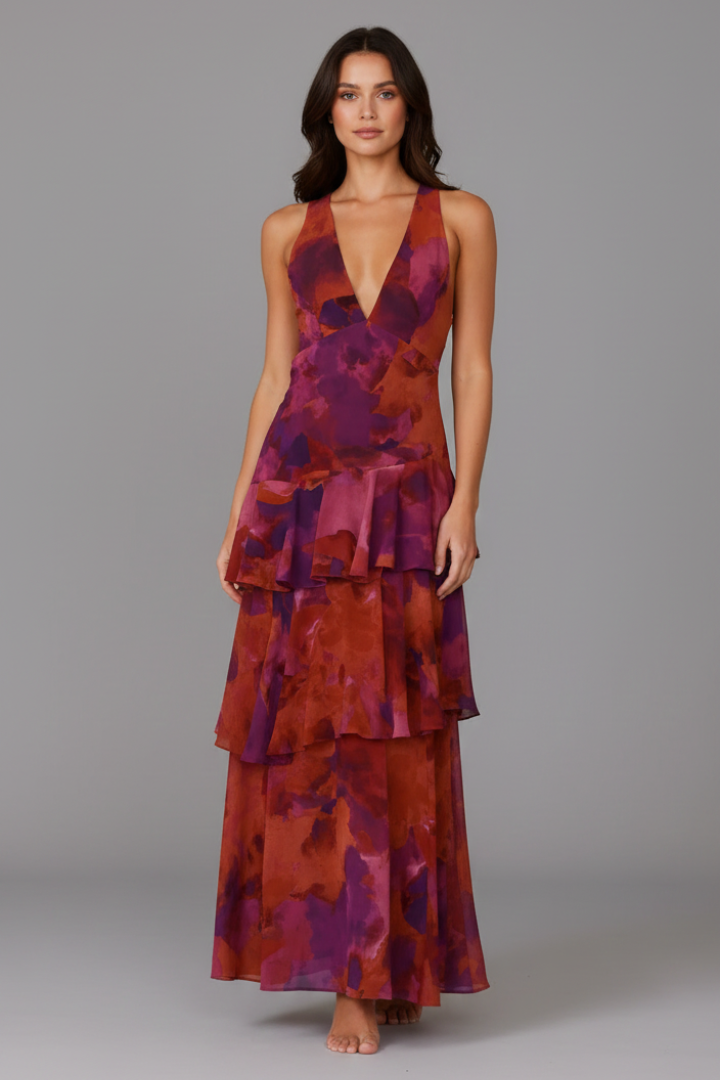 Women's Maxi Dress with Tiered Skirt and V‑Neck