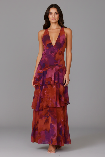 Women's Maxi Dress with Tiered Skirt and V‑Neck