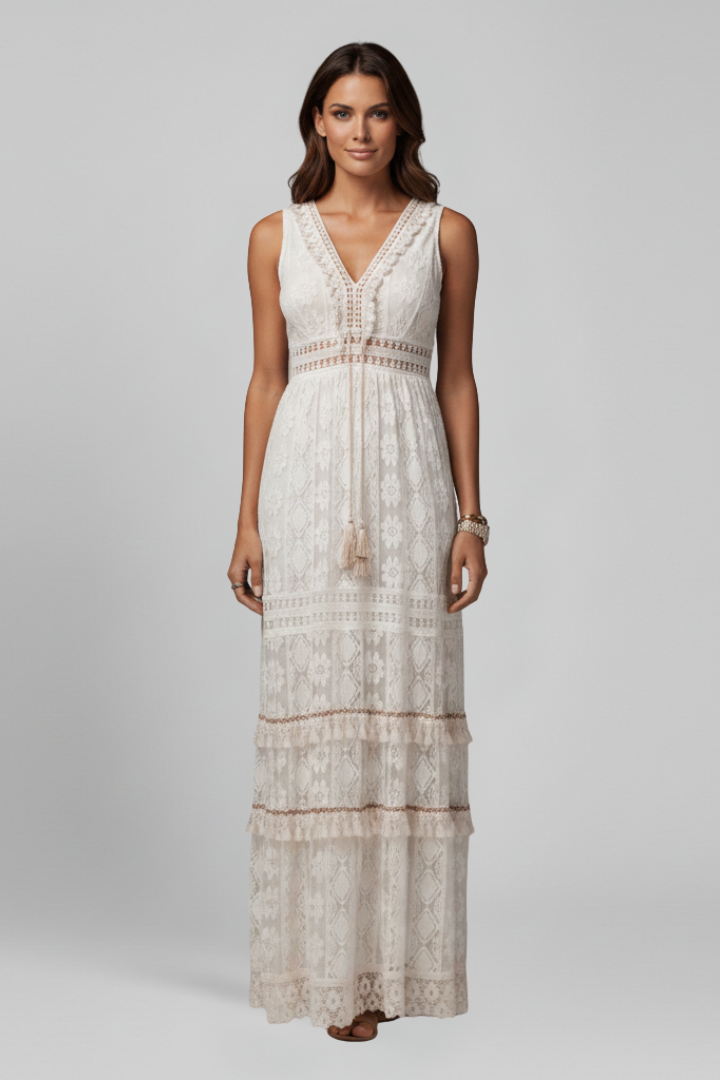 Women's Maxi Dress with V Neck and Tiered Skirt