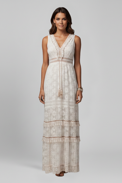 Women's Maxi Dress with V Neck and Tiered Skirt