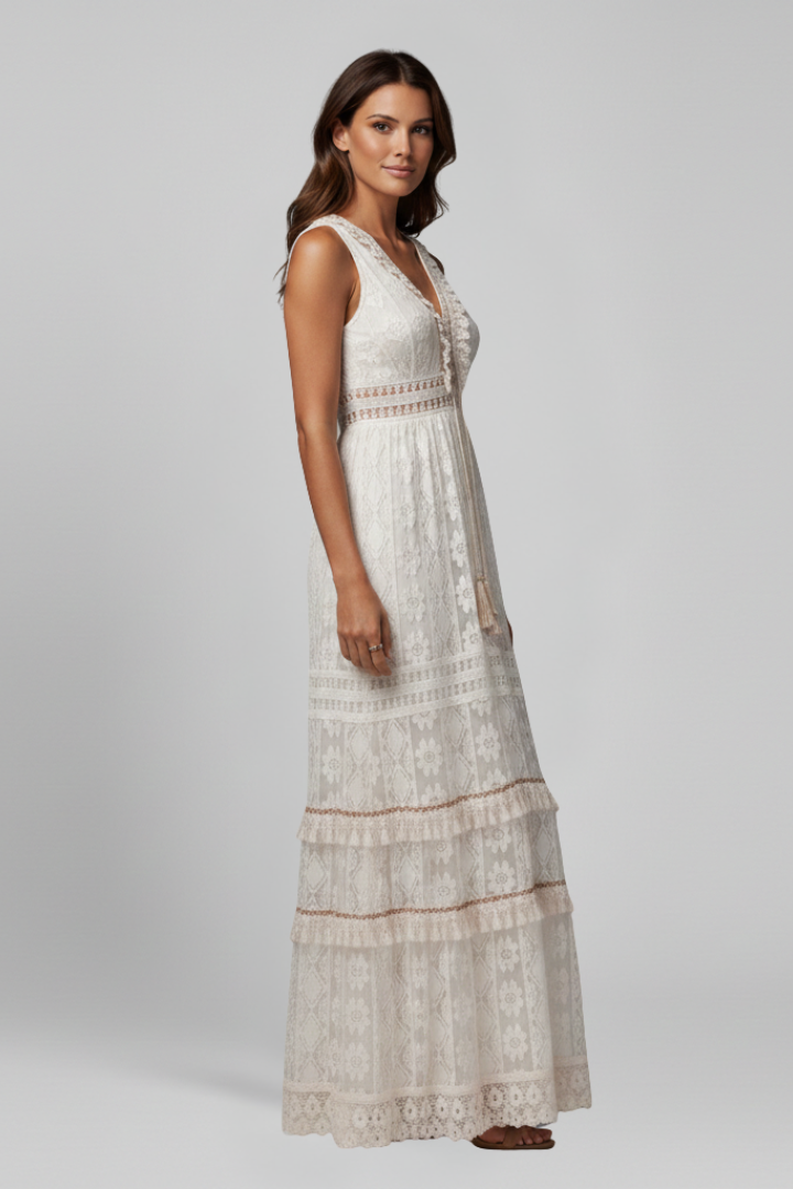 Women's Maxi Dress with V Neck and Tiered Skirt