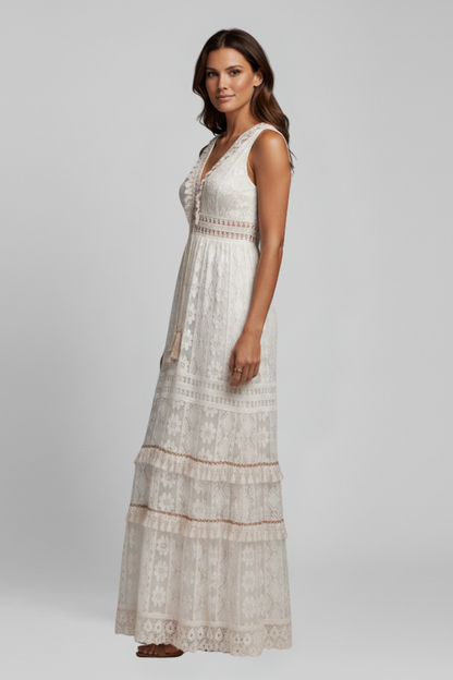 Women's Maxi Dress with V Neck and Tiered Skirt