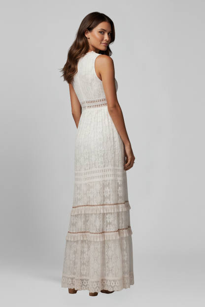 Women's Maxi Dress with V Neck and Tiered Skirt