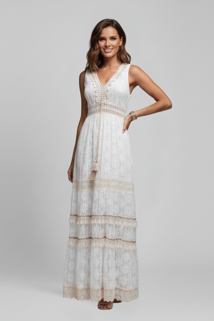 Women's Maxi Dress with V Neck and Tiered Skirt
