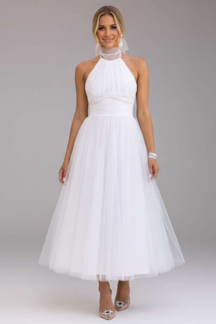 Women's Midi Dress with Halter Neck and Layered Skirt