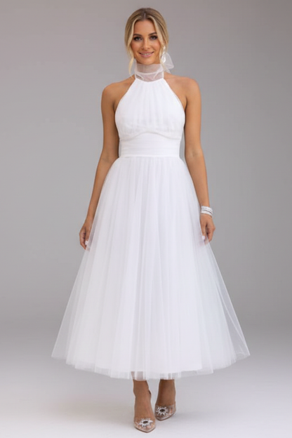 Women's Midi Dress with Halter Neck and Layered Skirt