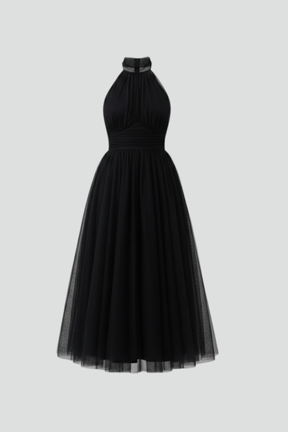 Women's Midi Dress with Halter Neck and Layered Skirt