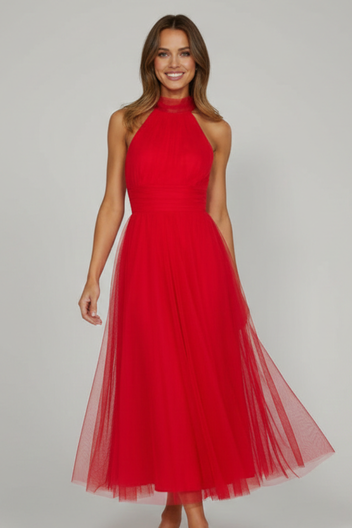 Women's Midi Dress with Halter Neck and Layered Skirt