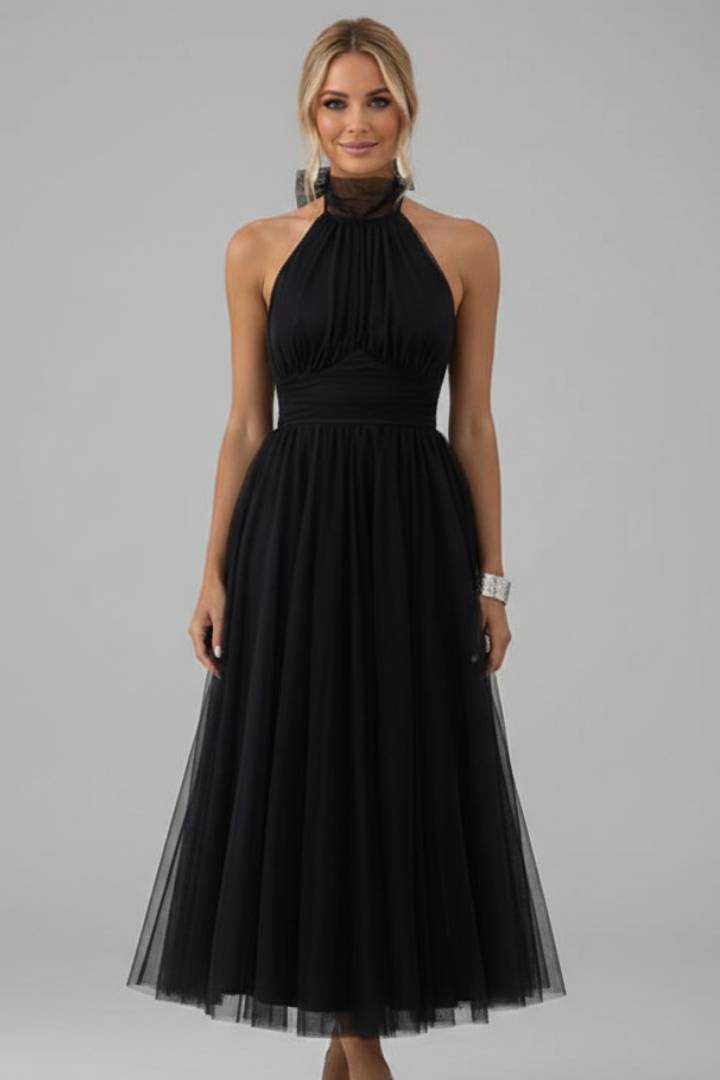 Women's Midi Dress with Halter Neck and Layered Skirt