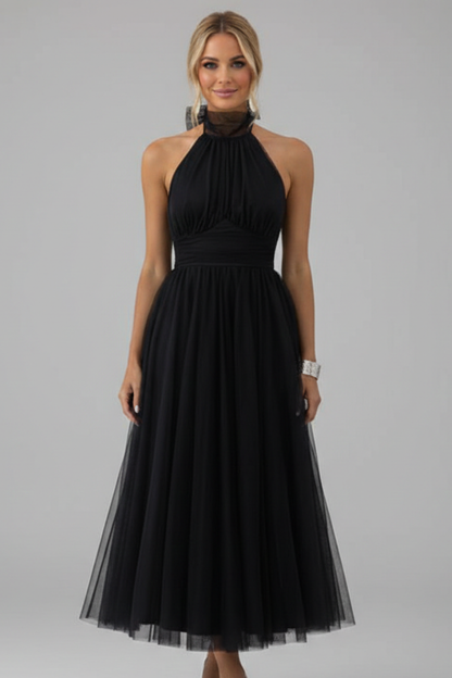 Women's Midi Dress with Halter Neck and Layered Skirt