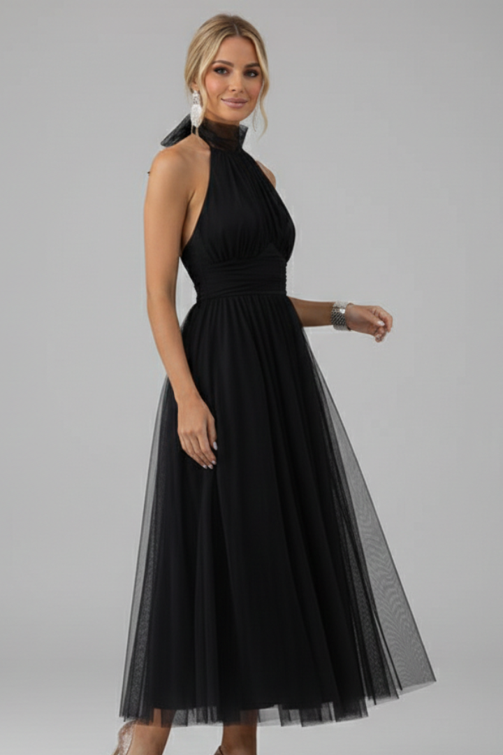 Women's Midi Dress with Halter Neck and Layered Skirt