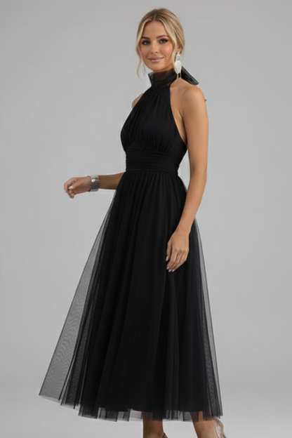 Women's Midi Dress with Halter Neck and Layered Skirt