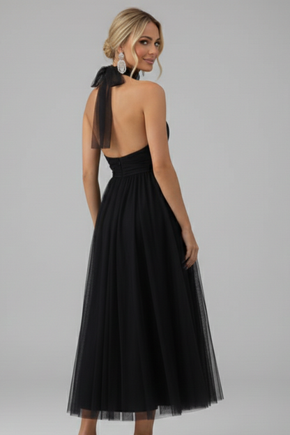 Women's Midi Dress with Halter Neck and Layered Skirt