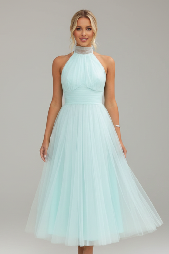 Women's Midi Dress with Halter Neck and Layered Skirt