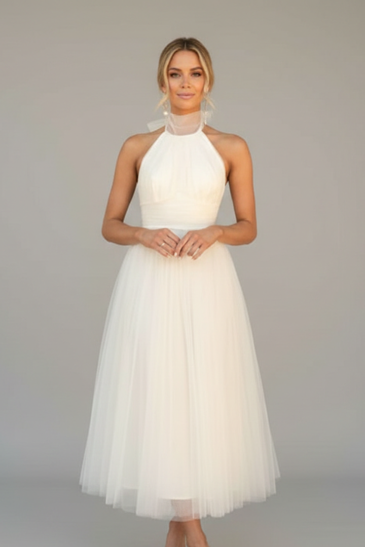 Women's Midi Dress with Halter Neck and Layered Skirt