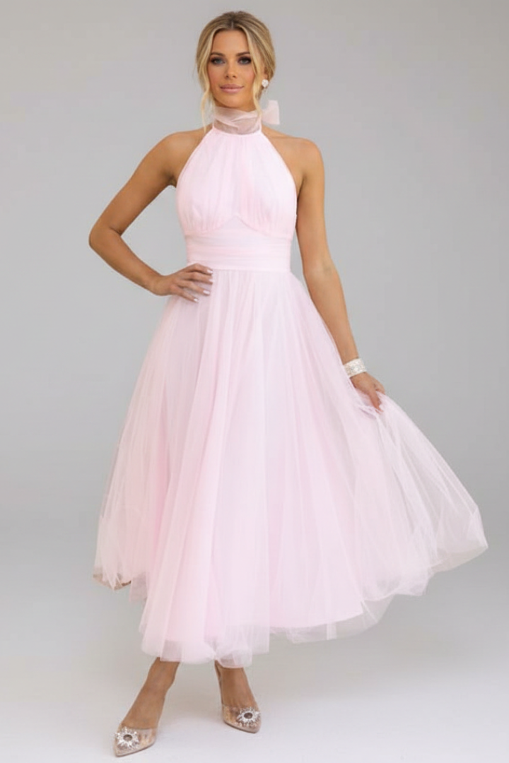 Women's Midi Dress with Halter Neck and Layered Skirt