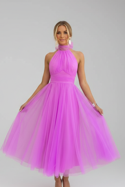 Women's Midi Dress with Halter Neck and Layered Skirt