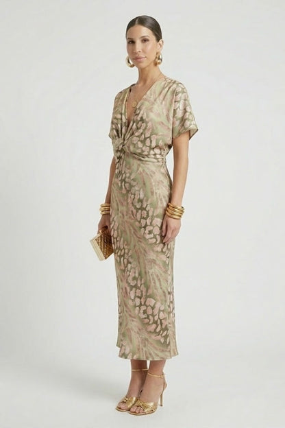 Women's Midi Dress with Pleated Skirt and Floral Print