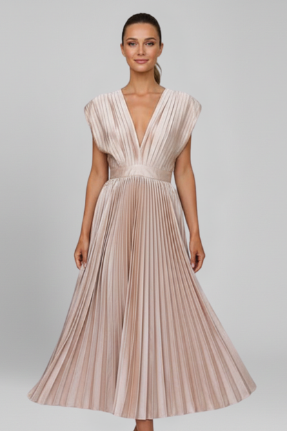 Women's Midi Dress with V Neckline and Pleated Skirt