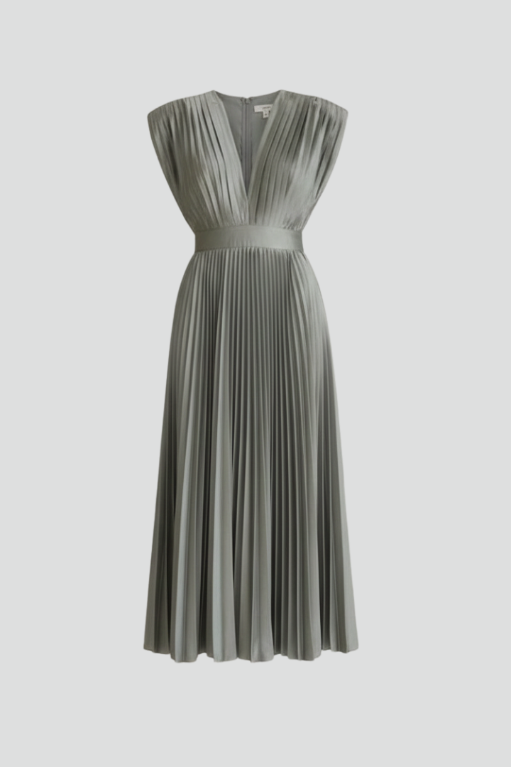 Women's Midi Dress with V Neckline and Pleated Skirt