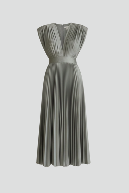 Women's Midi Dress with V Neckline and Pleated Skirt