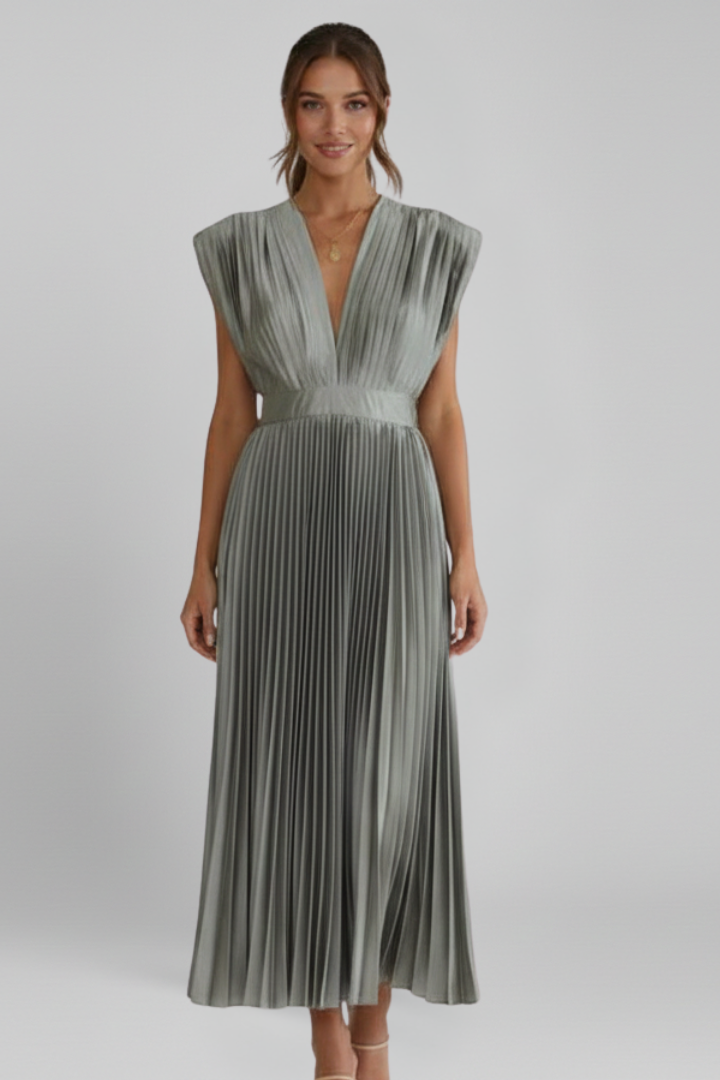 Women's Midi Dress with V Neckline and Pleated Skirt