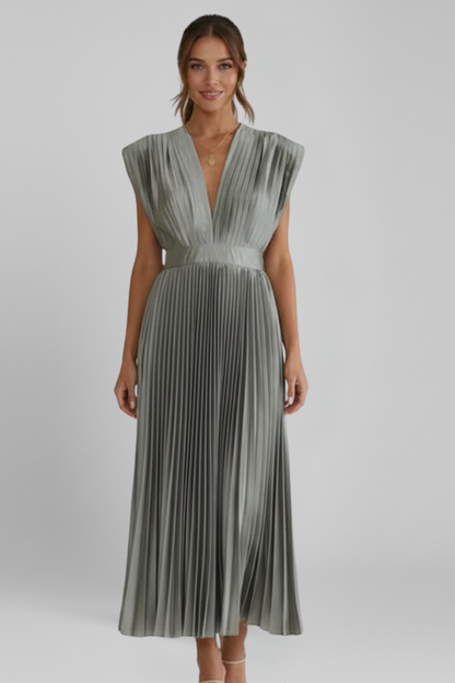 Women's Midi Dress with V Neckline and Pleated Skirt