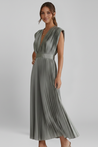 Women's Midi Dress with V Neckline and Pleated Skirt