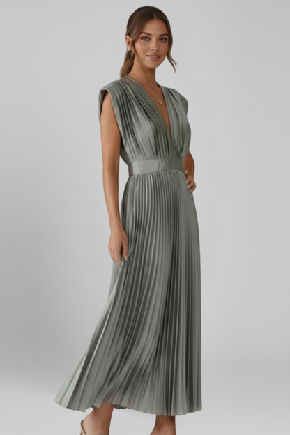 Women's Midi Dress with V Neckline and Pleated Skirt