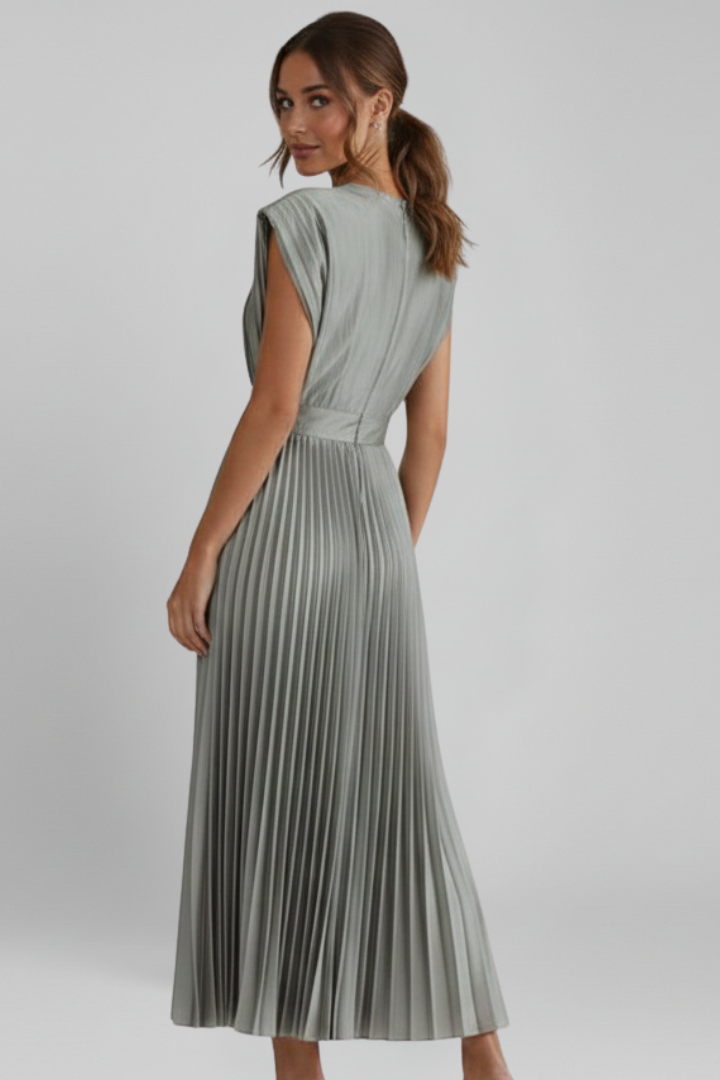 Women's Midi Dress with V Neckline and Pleated Skirt
