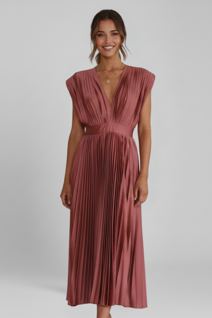 Women's Midi Dress with V Neckline and Pleated Skirt