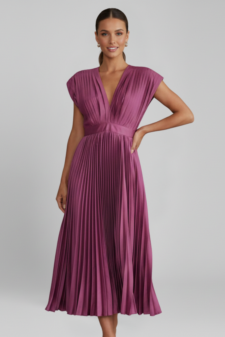 Women's Midi Dress with V Neckline and Pleated Skirt