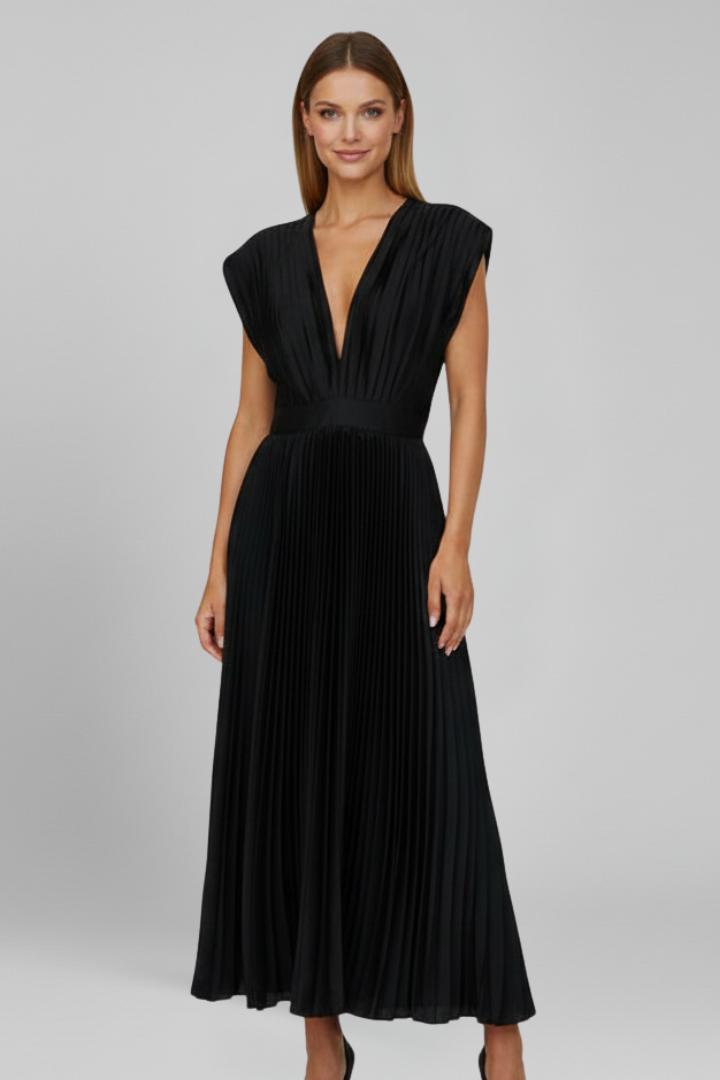 Women's Midi Dress with V Neckline and Pleated Skirt