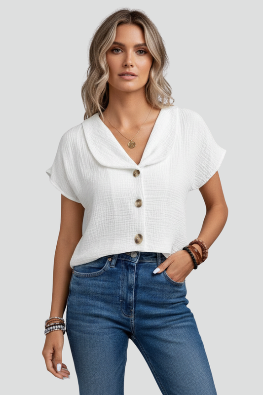 Women's Short-Sleeve Blouse with Collar and Buttons