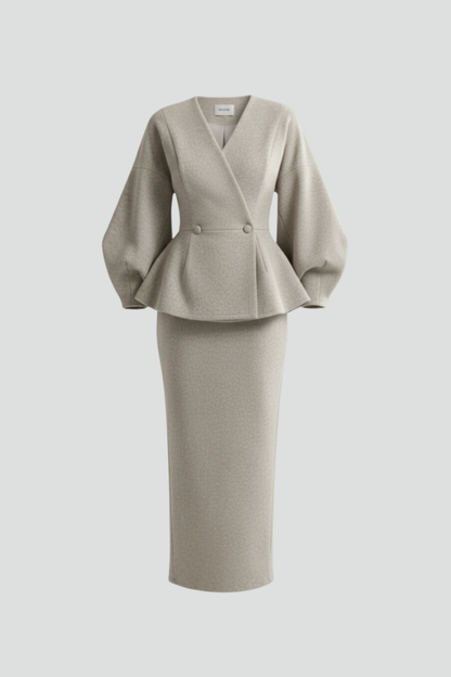 Women's Skirt Suit Set with V-Neck Blazer and Puff Sleeves