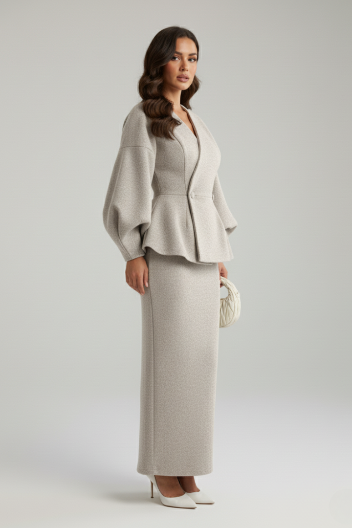 Women's Skirt Suit Set with V-Neck Blazer and Puff Sleeves