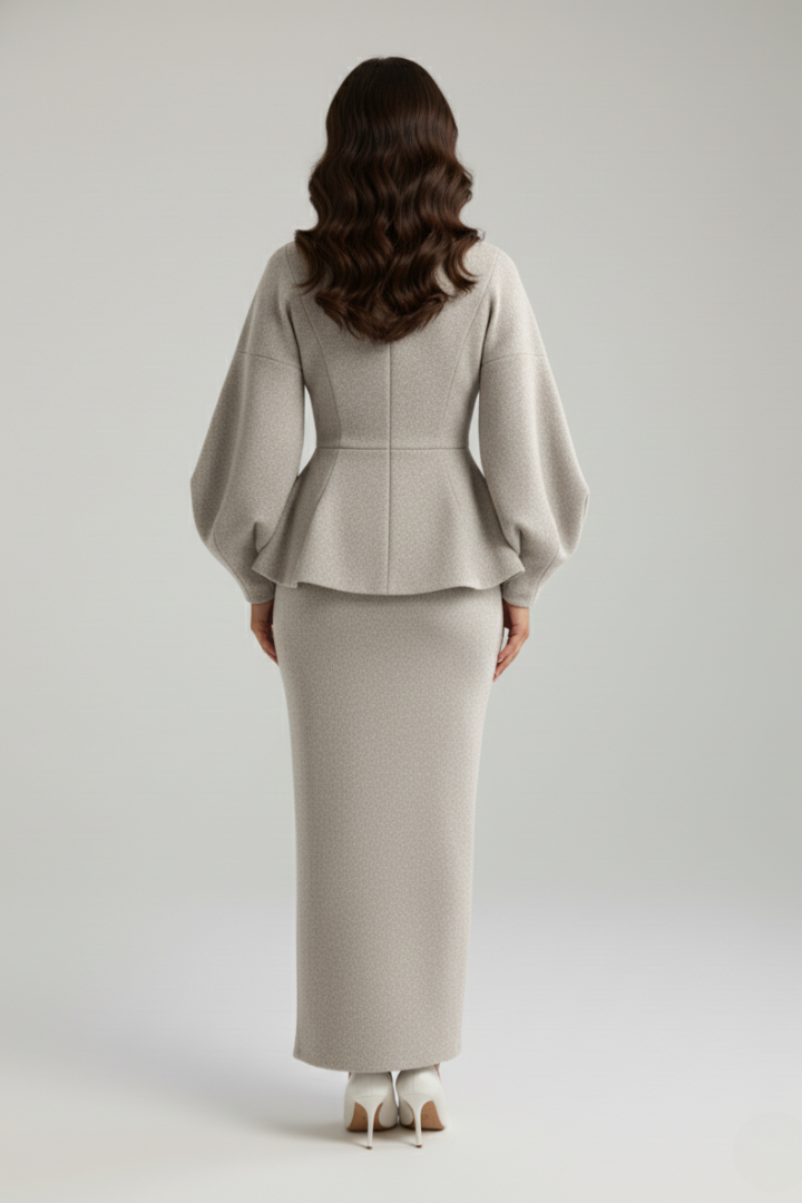 Women's Skirt Suit Set with V-Neck Blazer and Puff Sleeves