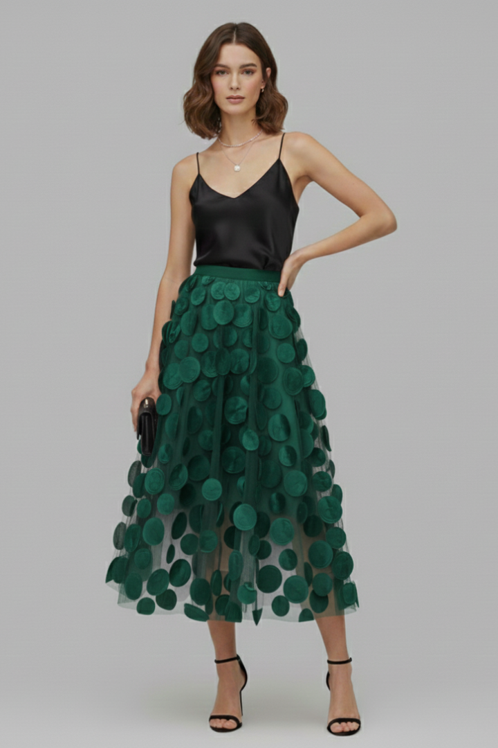 Women's Skirt with Patchwork Tulle and Polka Dot Surface