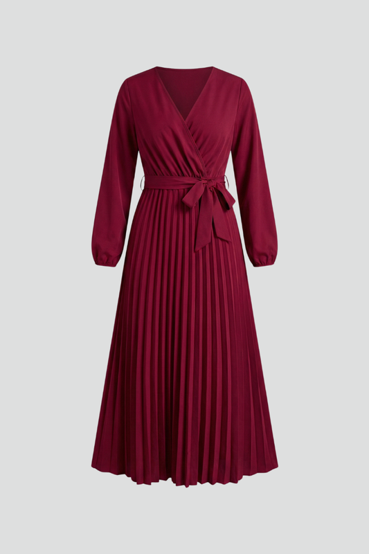 Women's V-neck Maxi Dress with Pleated Skirt and Tie Waist