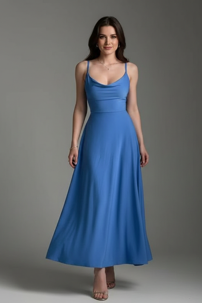 Women's long dress with square neckline and draped skirt