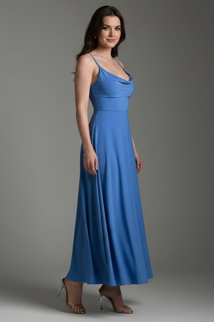 Women's long dress with square neckline and draped skirt