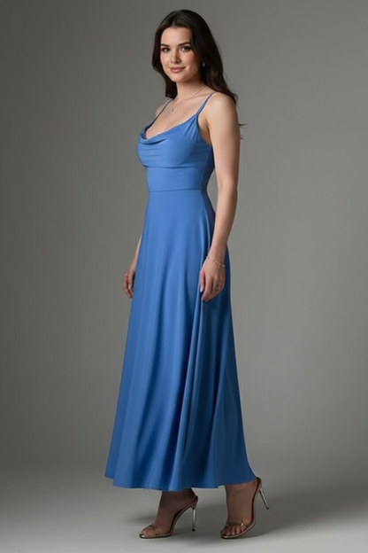 Women's long dress with square neckline and draped skirt