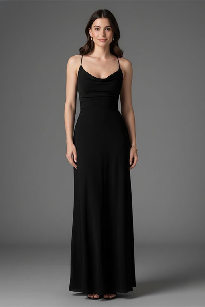 Women's long dress with square neckline and draped skirt
